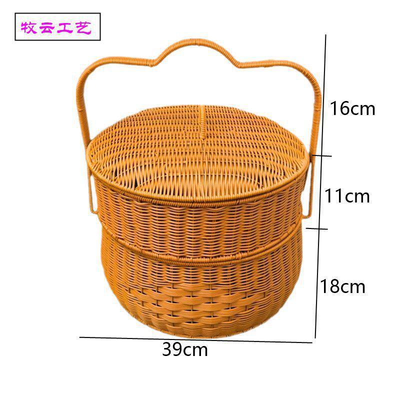 m86圆形双层手工编织篮带盖拜拜篮婚庆手提篮篮拜神专用家用礼