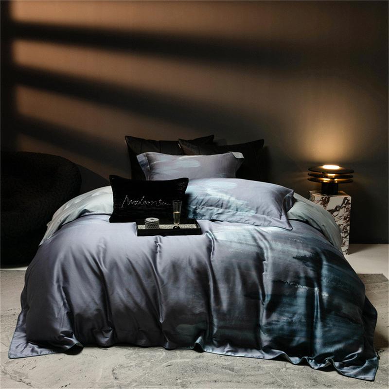 轻奢高级感100睡床天丝棉四件套数码印花被套床单样板间裸支品