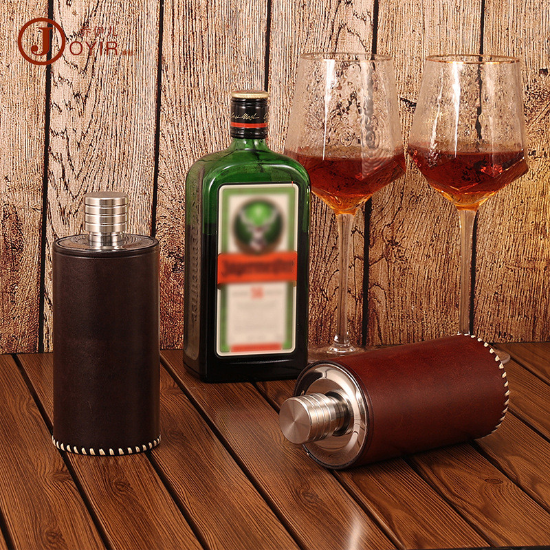 复古植鞣皮500ml酒壶304不锈钢手工缝线植鞣皮存酒壶酿酒瓶