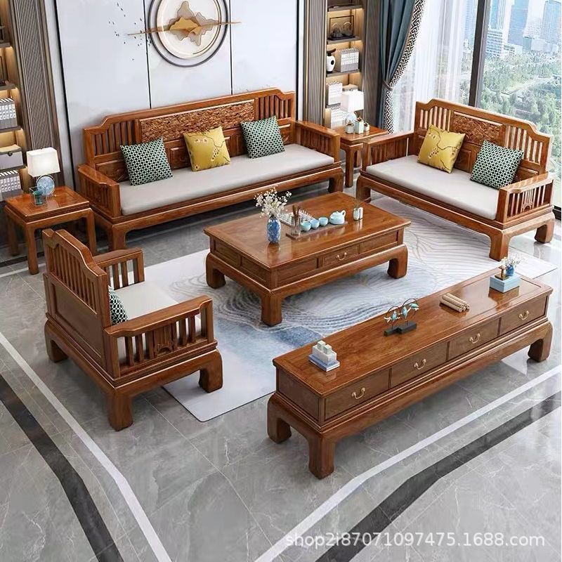 热销新中式乌金木实木沙发组合冬夏简约两用小户型转角贵妃沙发客