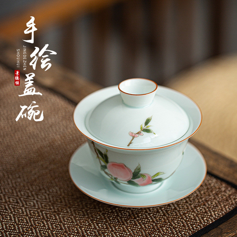 纯手工手绘三才盖碗茶碗茶杯茶具套装单个薄胎大小号陶瓷泡茶碗杯
