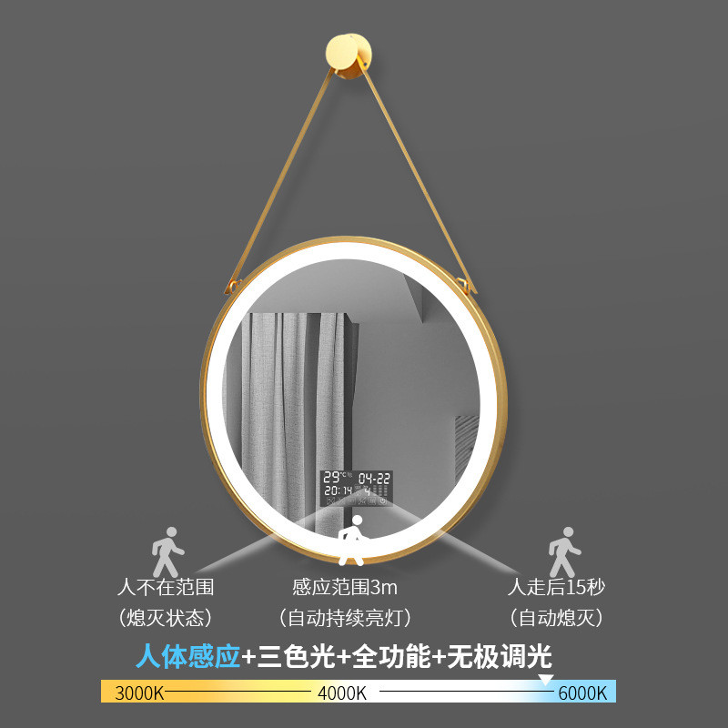 创意吊镜圆形led带灯艺术民宿文艺装饰发光酒店镜卫生间浴室防雾