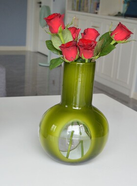 热销中古花瓶复古橄榄绿透窗工艺圆肚玻璃花瓶插花摆件家居软装创