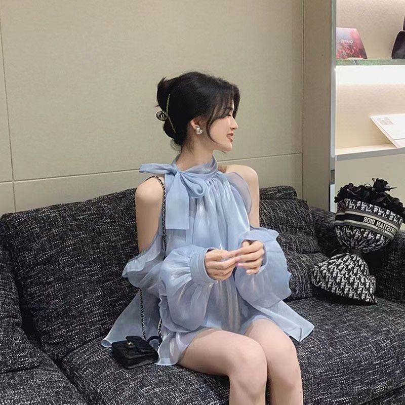 现货夏季气质漏肩遮肉甜美仙仙气衬衫
