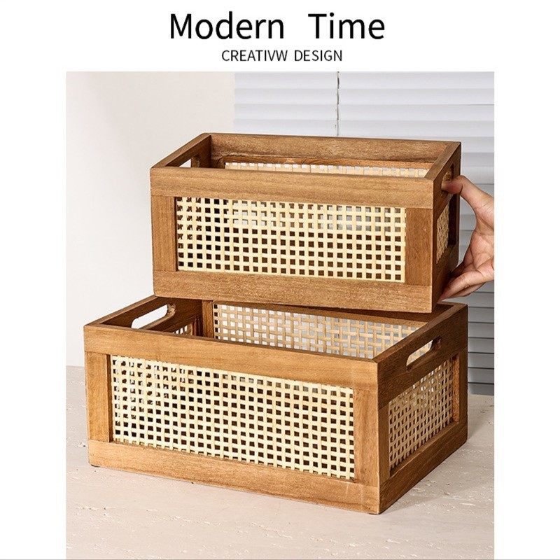 日式手工复古藤编收纳筐储物筐家用提篮车载露营黑胡桃木杂物桌面