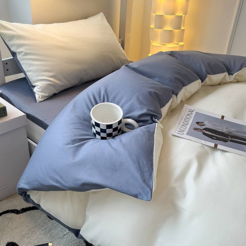 新款水洗棉学生宿舍床品撞色被套枕套亲肤床上四件套床单家用被罩