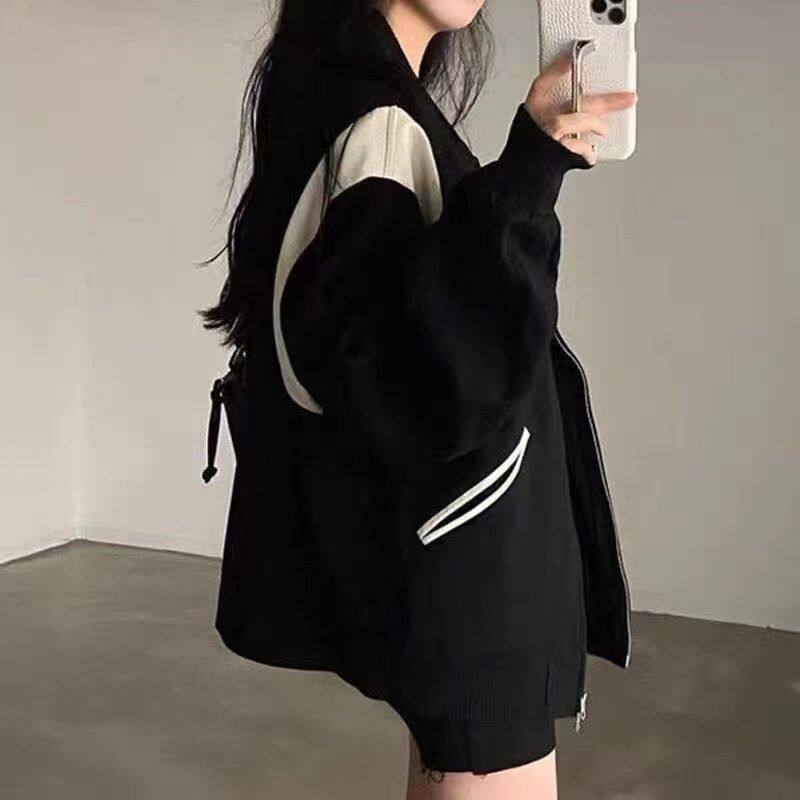 加绒+薄款外套宽松撞色学生2024新款韩版美式街头开衫女式棒球服