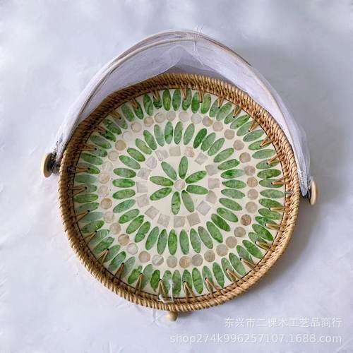 藤编防蚊手工镶嵌多彩贝壳纱网个性创意果篮菜罩家用实用果篮