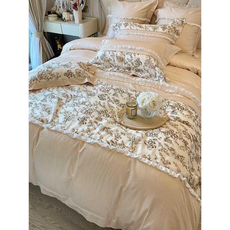 xyt法式100支长绒棉四件套公主风雪纺花边被套双人全棉1.8m床上用