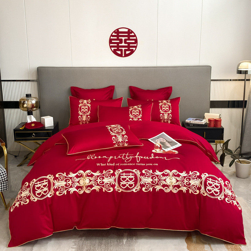 高档龙凤刺绣陪嫁结婚四件套红色床单被套婚庆磨毛四件套床上用品