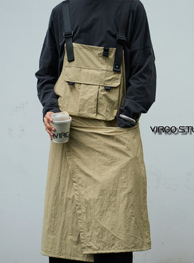 Virgos 设计师款 个性露营机能风 前开叉围裙花艺餐饮 咖啡工作服