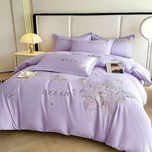 米春富安哪厚大纯磨毛棉四件套斜纹厚实刺绣被套加绣花花卉礼品