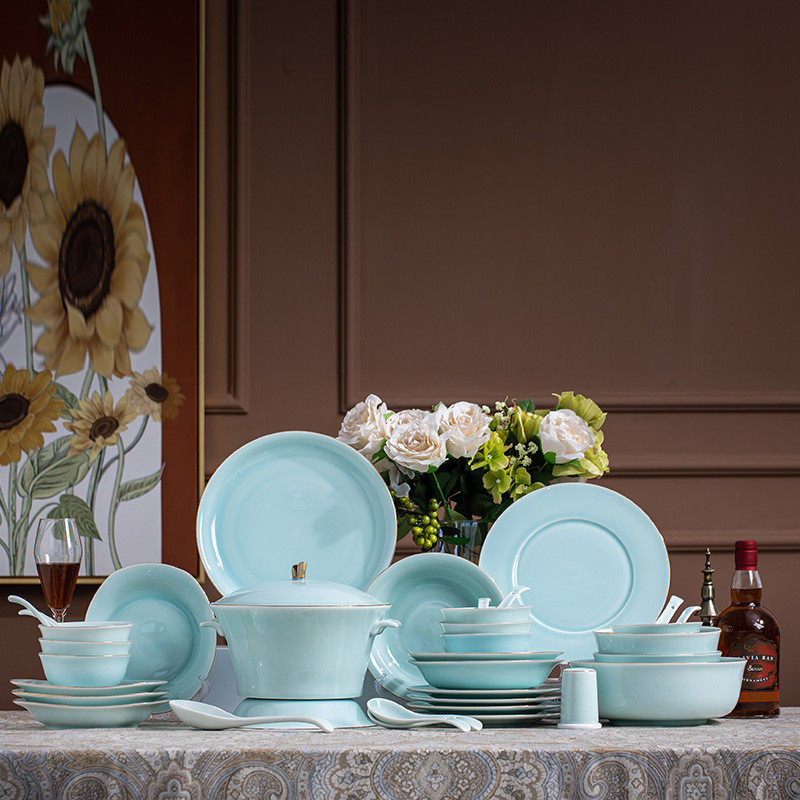 热销碗筷套装青瓷金边餐具碗碟餐具套装陶瓷餐具陶瓷米饭碗平面餐