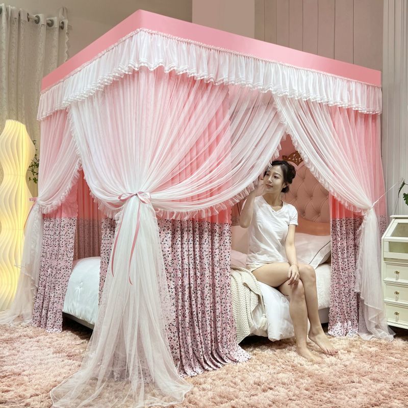加密公主遮光床帘宫廷蚊帐一体式家用新款三开门加厚床幔落地防尘