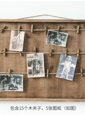 润家家居实木挂件照片板木质板夹装饰展示木板带木夹子麻绳挂饰