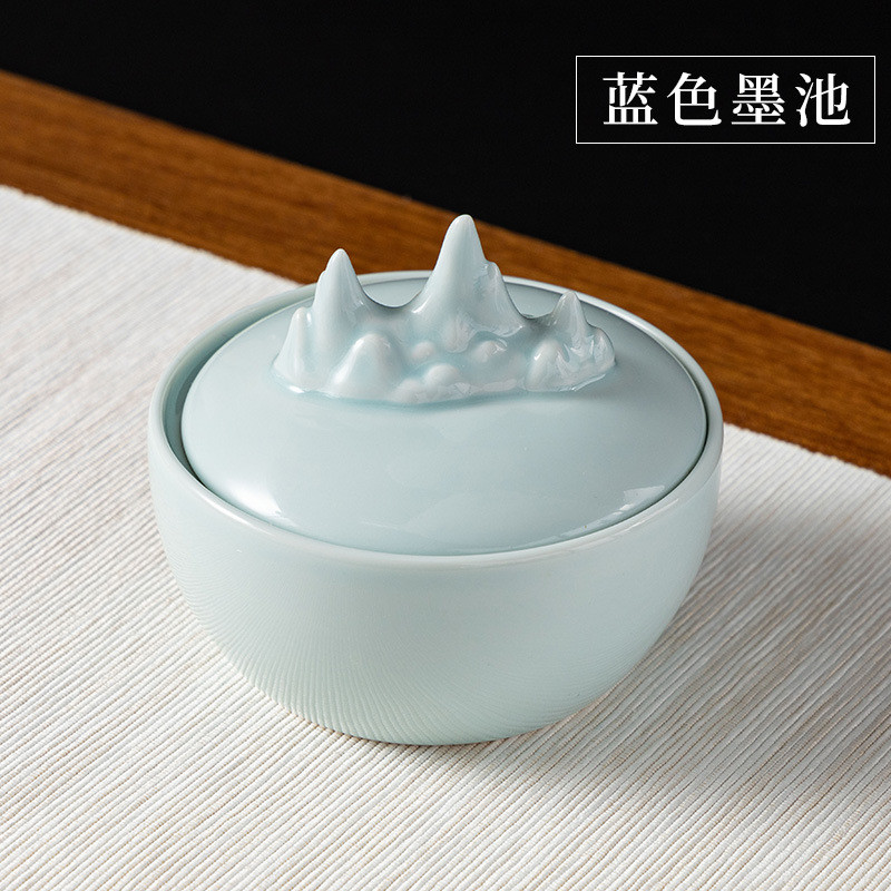 带盖火锅砚台陶瓷保湿墨蝶不干墨书法不干笔墨池毛笔墨碟笔架山多
