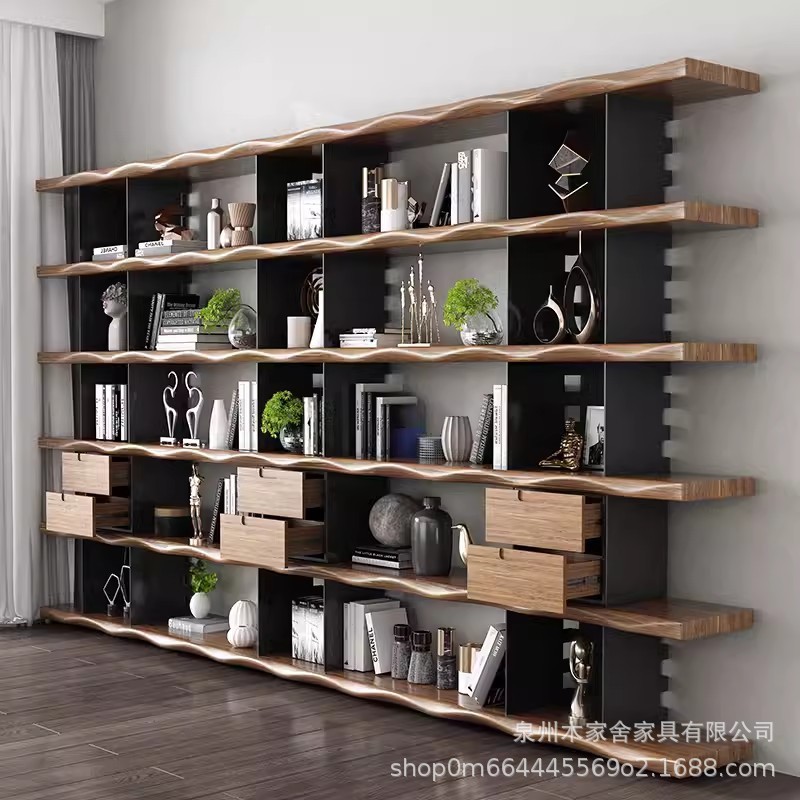 美式落地满隔断书架整墙书柜客厅办公室展厅墙架收纳置物架带抽屉