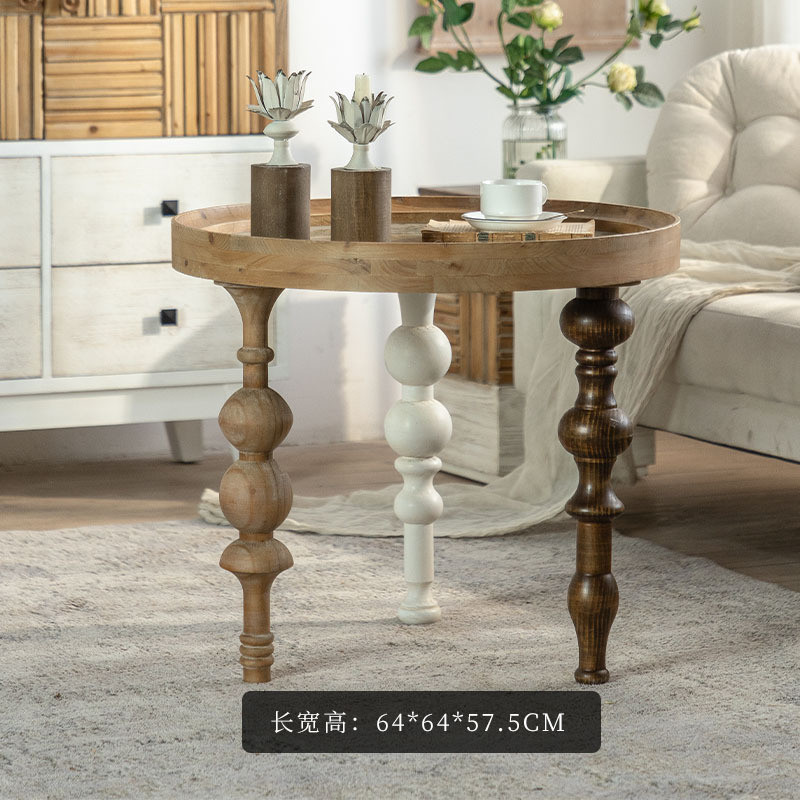 复古茶几做旧雕花北欧客厅沙发边角几美式乡村实木卧室阳台小圆桌