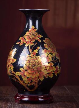 金沙中国红花开富贵牡丹水晶瓶景德镇赏釉新中式轻奢落地大花瓶