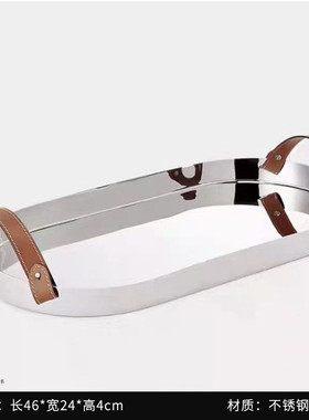 现代皮革银金属香槟红酒托盘果盘样板房轻奢冰桶花器组合桌面摆件