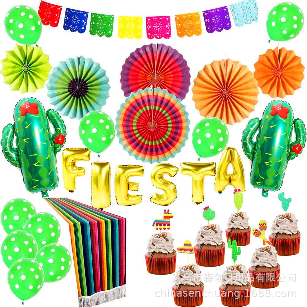 墨西哥派对装饰用品串旗fiesta字母气球五彩纸扇插签桌布套装