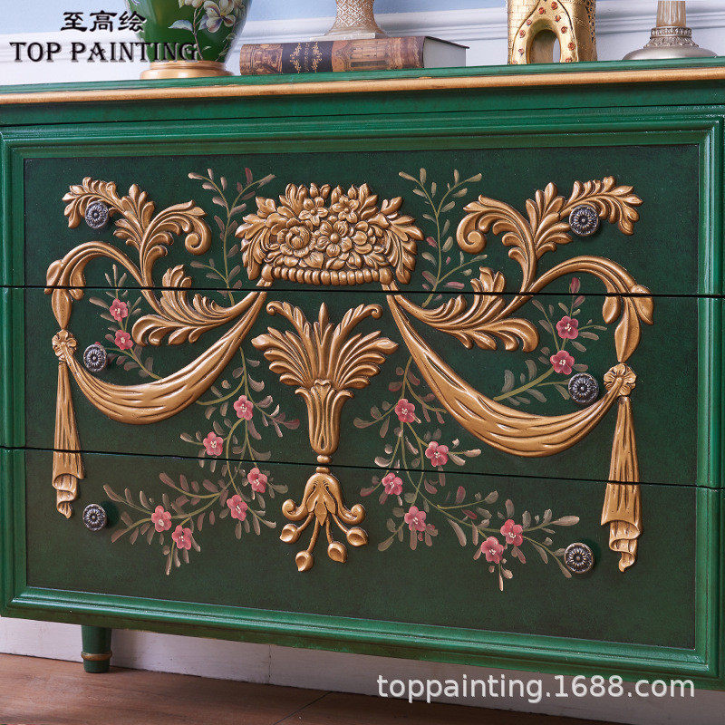 热销至高美法式玄关柜雕花三批发客厅装饰柜储物柜金色祖母绿工厂