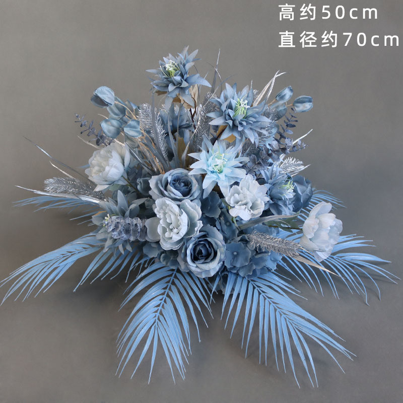 婚庆盆花蓝色系路引花t台舞台背景迎宾花艺婚礼堂花点宴会厅