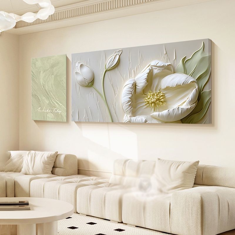 奶油风沙发背景墙装饰画肌理感花卉双联挂画北欧高级感客厅墙壁画图片