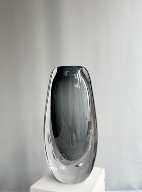 欧式简约手工吹制高品质厚底客厅气泡玻璃花瓶软装样板房灰色严选