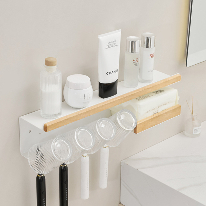 免打孔壁挂多功能卫生间浴室榉木牙刷架卷纸架漱口杯架纸巾置物架