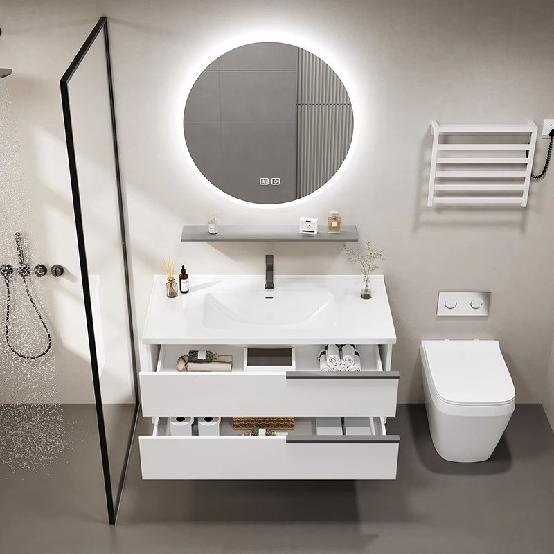 洗手实木浴室柜吊柜卫生间组合简约洗脸洗漱台岩板无缝陶瓷一体盆