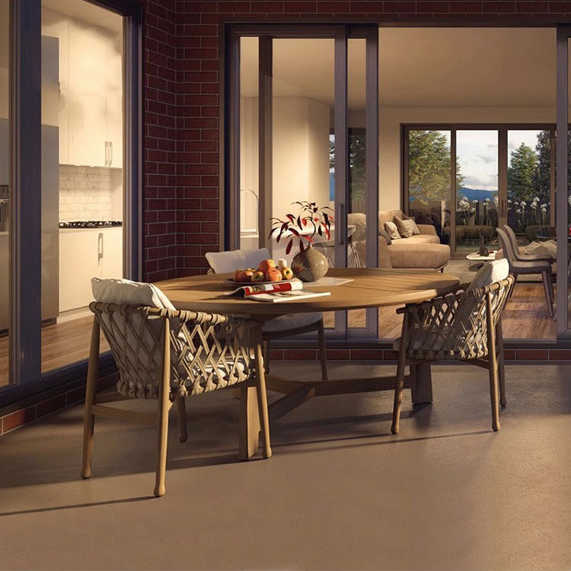 热销户外圆形柚木拉丝实木餐桌椅庭院花园院子露台外摆防腐木桌椅