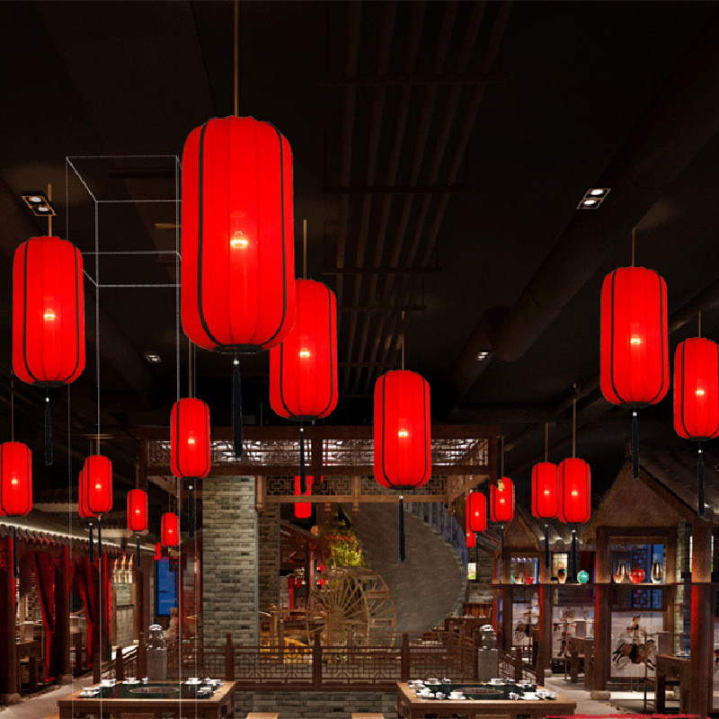 餐厅灯笼中式弹力布古风吊灯长筒火锅店茶楼手绘装饰创意灯具