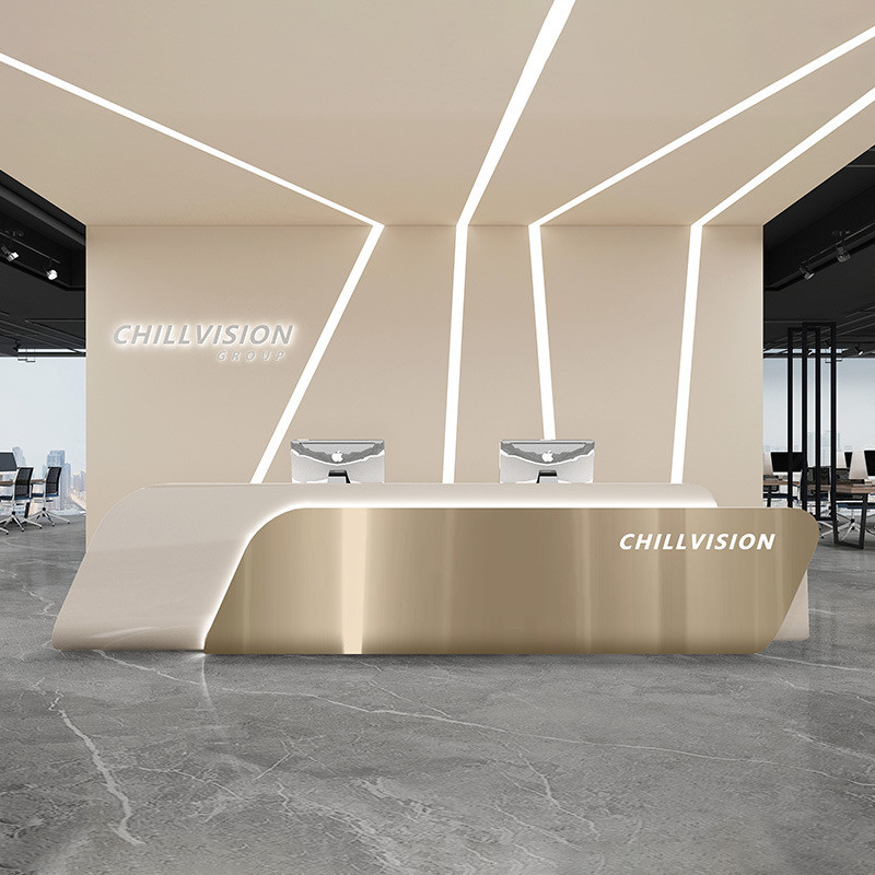 简约现代公司前台接待台美容院柜台收银台酒店烤漆异形吧台不锈钢