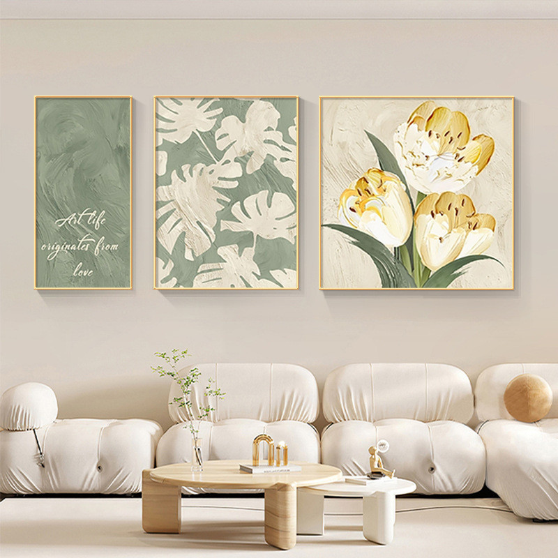 风三联画油画肌理背景装饰画客厅墙壁感郁金香挂画大芬村奶油沙发