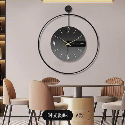 现代极简餐厅装饰画创意带钟表圆形客厅壁画大气轻奢抽象饭厅挂画