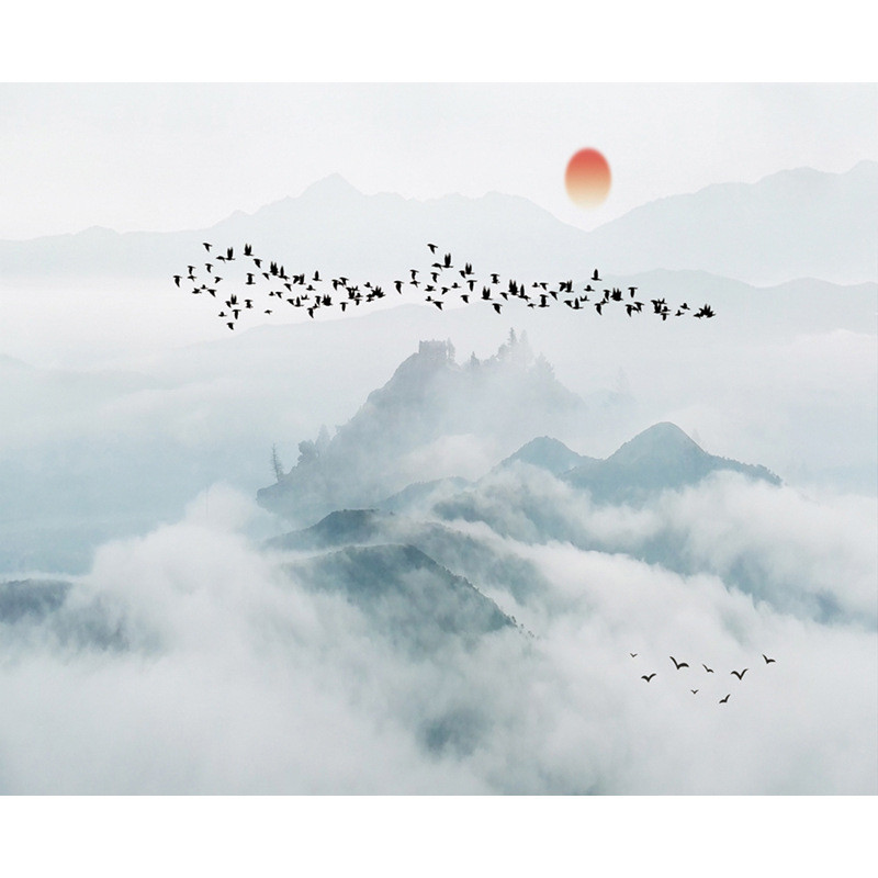 热销纱水墨山水画双面透景屏风新中式卷帘隔断帘挂帘窗帘玄关透光