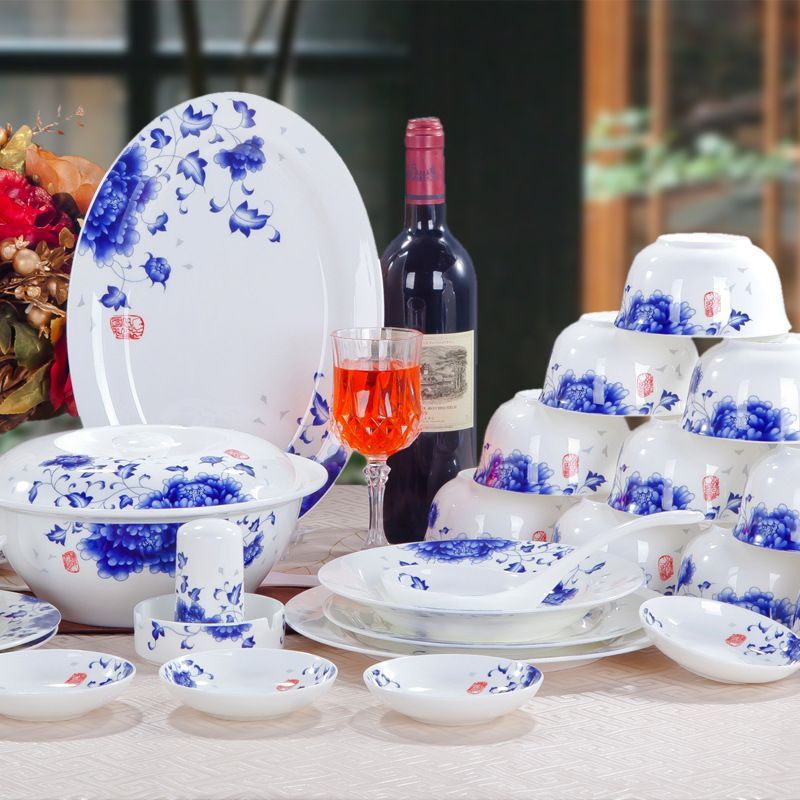 碗碟套装家用青花陶瓷器餐具56头景德镇碗筷骨瓷吃饭碗盘子组合