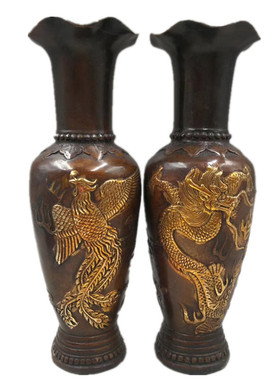 古玩仿古做旧黄铜鎏金花瓶摆件家摆件龙凤花瓶吉祥工艺品批发