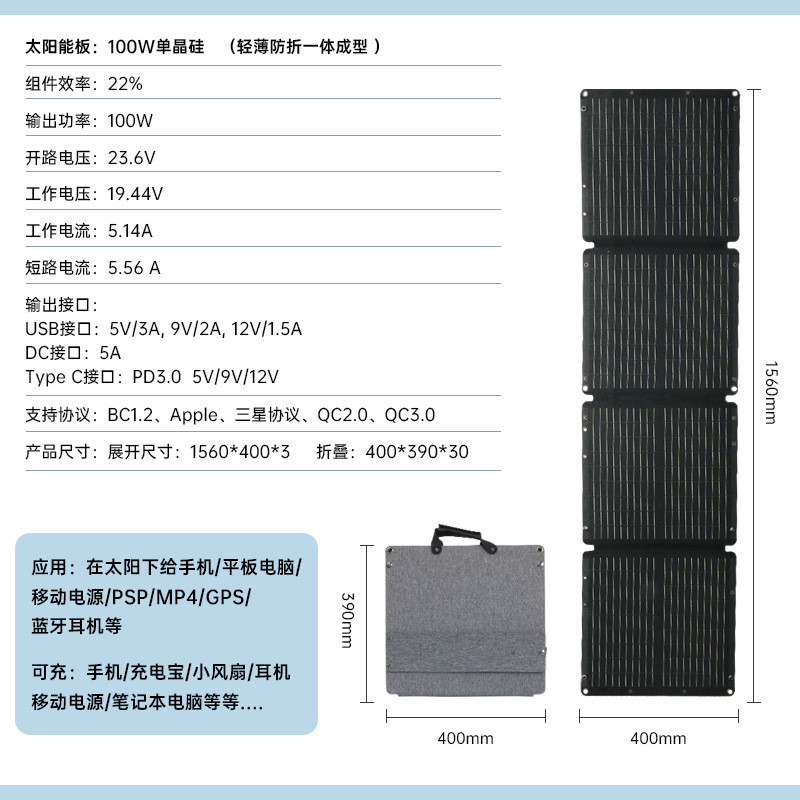 太阳能光伏21w30w40w60w100w120w200w户外折叠包便携柔性充电板