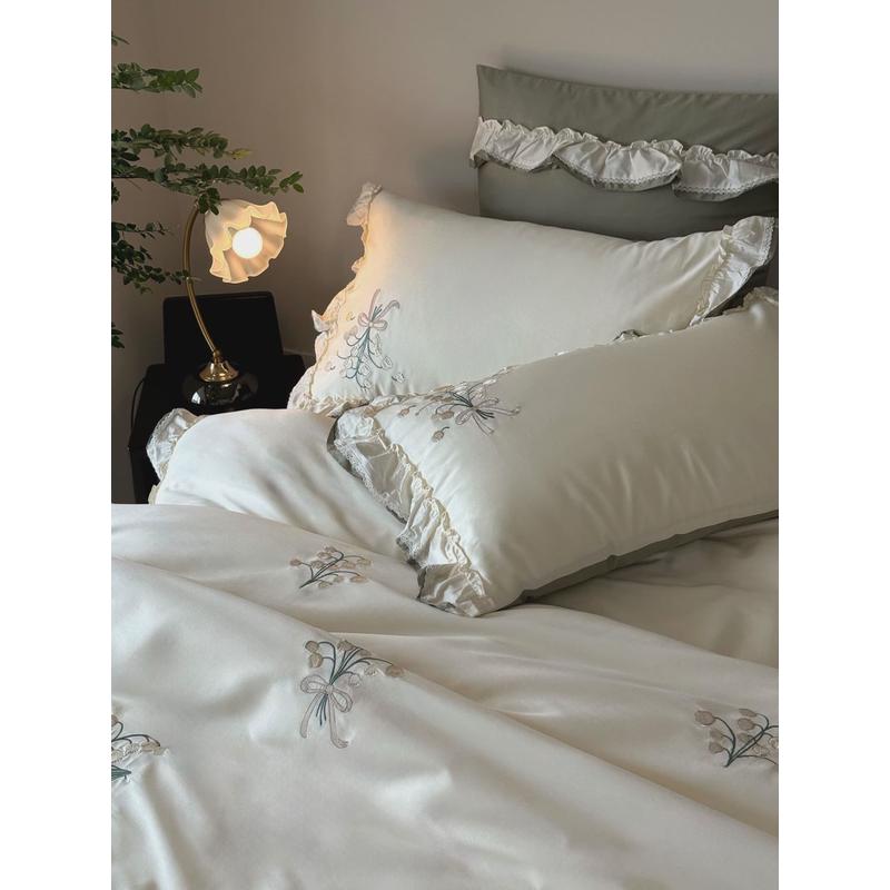 澳100支高端棉贡缎长绒棉四件套荷叶边刺绣全棉舒适亲肤套件