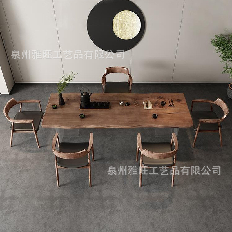 实木茶台书桌原木大板工作台茶桌椅组合亚克力悬浮办公室泡茶桌