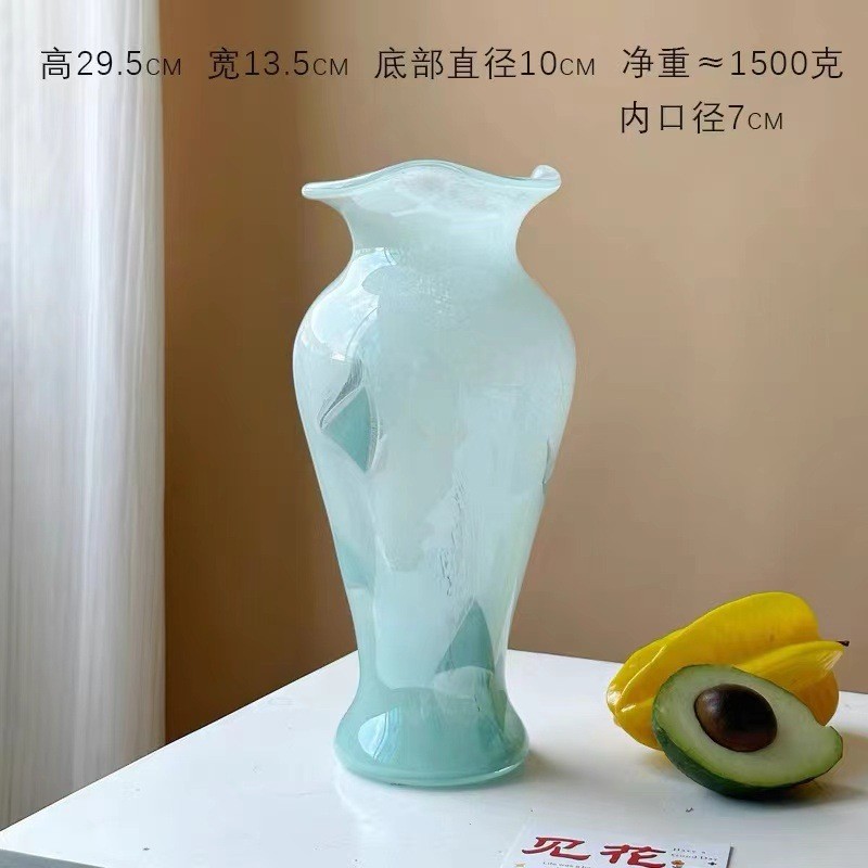 蓝色透明玻璃花瓶中式风格复古花边水培花器摆件客厅玄关插花装饰