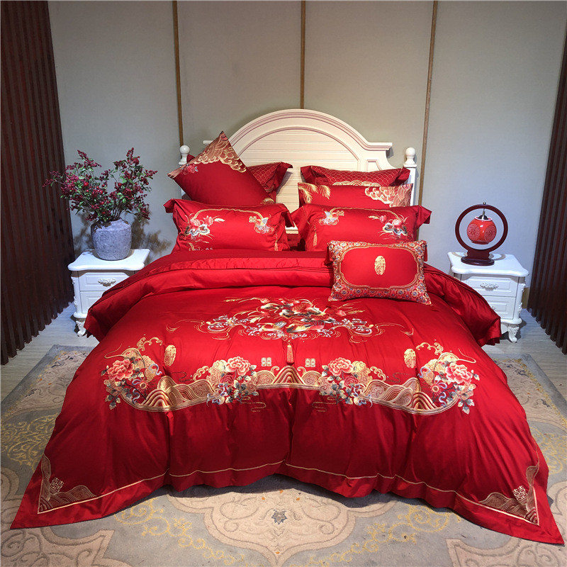 幸福结婚丨高端大红全棉100支贡缎多件套四件套刺绣鸳鸯美满百年