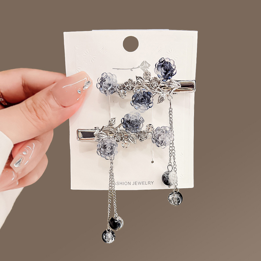 个性发夹夹水墨对超闪玫瑰女小众设计感古风发卡侧边夹碎发刘海夹