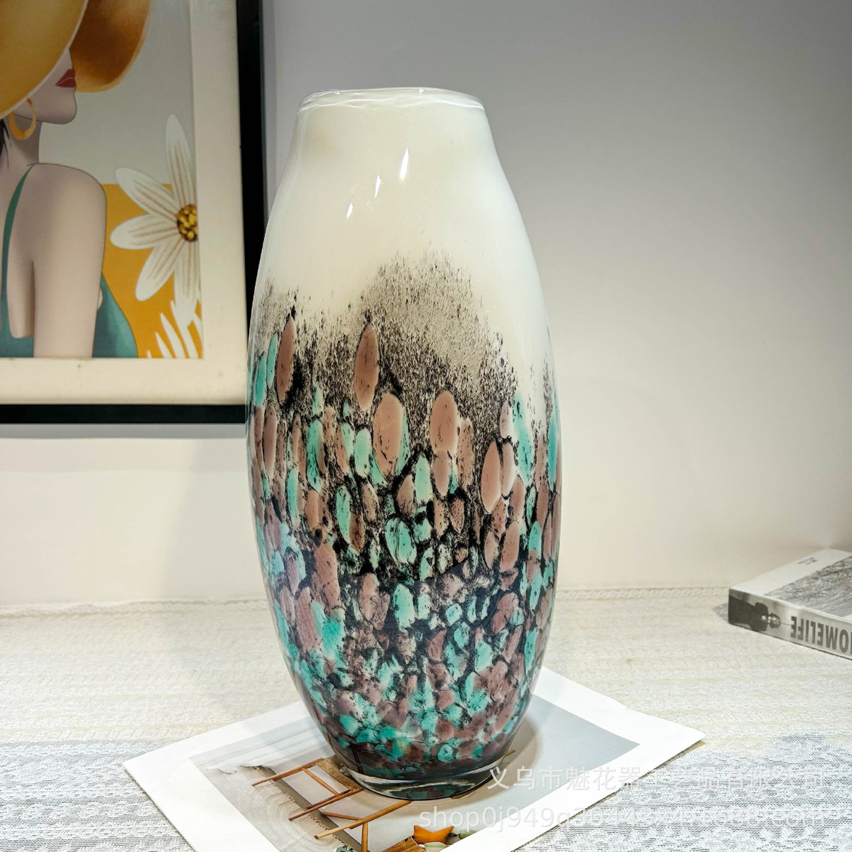 现代中古风手工琉璃花瓶餐桌插花器办公室创意摆件样板间装饰高级