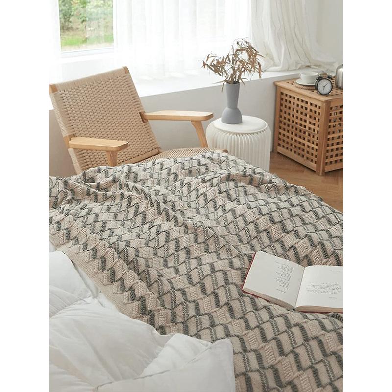 6b76双色沙发毯盖毯ins风床尾空调毯针织毛毯毯流苏午睡客厅毯子
