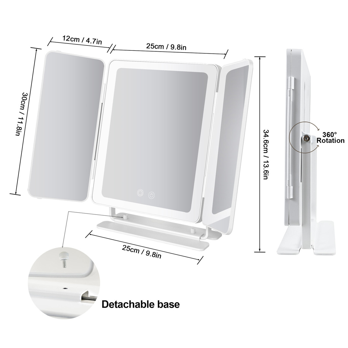 25x30cm欧式三折化妆镜台式折叠带灯led补光镜面梳妆台美妆镜子