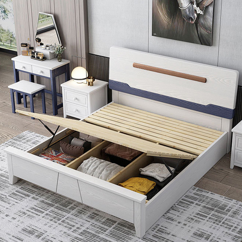 1.8米双人高箱储物床1.5m单人气压主卧室压纹白色实木床工厂直供