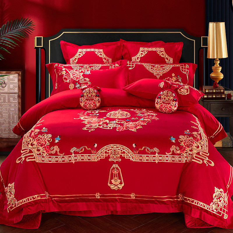 2f100s支全棉婚庆四件套大红色龙凤婚房床上用品六被子结婚喜十件